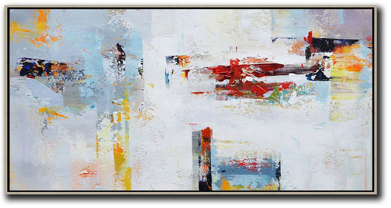 Big Wall Art For Living Room,Horizontal Palette Knife Contemporary Art Panoramic Canvas Painting,Canvas Artwork For Living Room,Grey,White,Red,Yellow.Etc